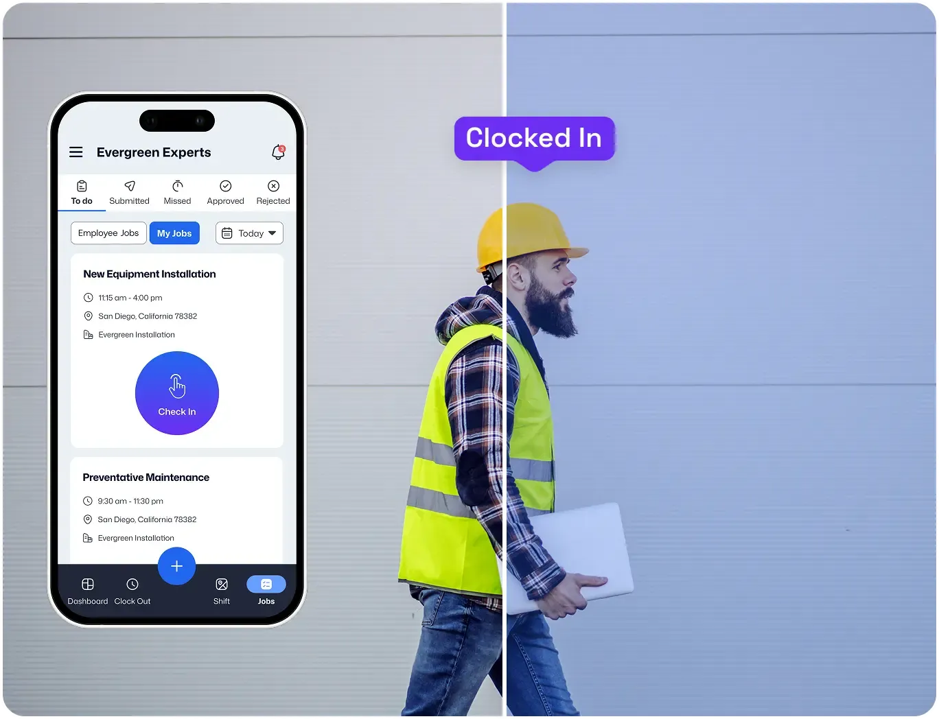Field worker walking to check in on mobile time tracking app with GPS jobs view